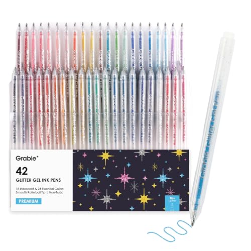 Grabie 42 Capped Glitter Gel Pen Set, 18 Iridescent&24 Essential Color Pens, Smooth Rollerball Tip, Metallic Sparkly Gel Pens for Coloring, Set of 42 Gel Pens Colored