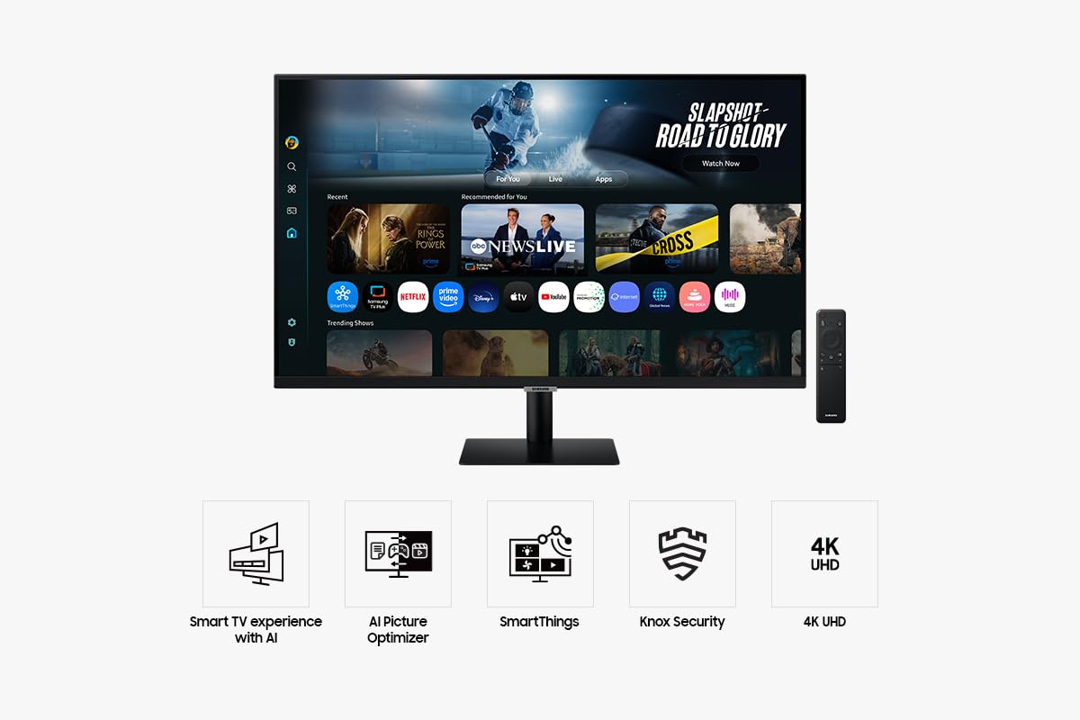 Samsung LS32FM702UUXXU 32" 4K Ultra HD HDR10 Smart Monitor with Speakers - 3840x2160, USB-C, HDMI, WiFi, Bluetooth, Smart Hub for TV streaming, Catch Up Apps and Gaming Hub - 3