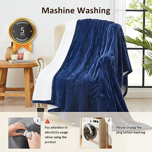 JKMAX Heated Electric Blanket Twin Size - 62"x84" Flannel Heating Blanket with 10 Heating Levels & 5 Time Settings Over-Heat Protection, Winter Warmer for Adults with ETL Certification(Navy Blue)