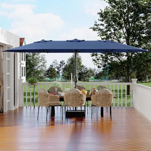 15FT Rectangular Patio Umbrella with Base Included - Large Patio Umbrella with Crank Handle, UV Protection for Outdoor Market, Backyard, Pool - Navy Blue