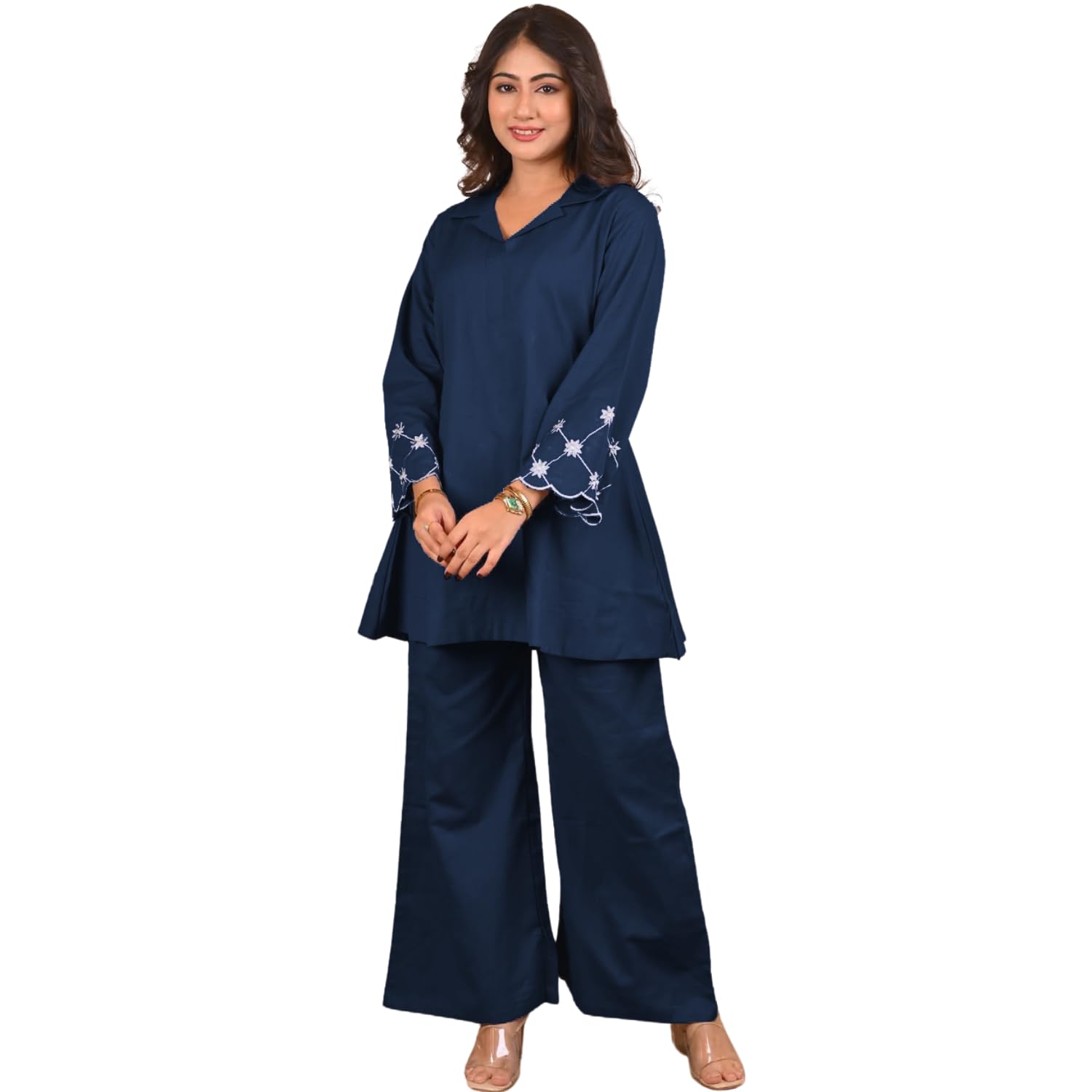 Shienzy Stylish Printed Cotton Blend Co Ord Set For Women || Casual & Festive Indo-Western Outfit || Kurta Pant Set (1666_Nbl_L) Navy Blue