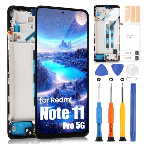 Schermo LCD per Xiaomi Redmi Note 11 Pro 5G LCD per Note 11 Pro 5G Display Replacement 21091116I 2201116SG Touch Digitizer Assembly + Riparazione Kit Nero con Telaio