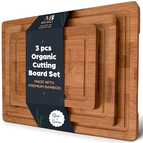 MelBell Bamboo Cutting Board Set Of 3 for Kitchen - Wooden Chopping Boards with Juice Groove - Wood...