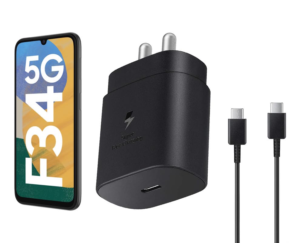 Image of Samsung 25W Type C Charger for Galaxy F34 5G | USB C to C Port Super Fast Charging Adapter for Galaxy Tab S9 Ultra /S9 Fe /S9 plus /S9 /A9 /A9 Plus /S8, 25 w Quick Mobile Phone Adaptor USB-C Device, Black