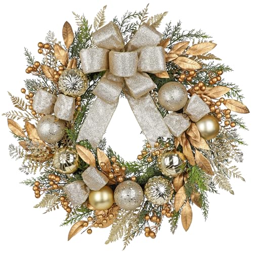 24 inch Gold Christmas Door Wreath with Bow, Pine Wreaths
