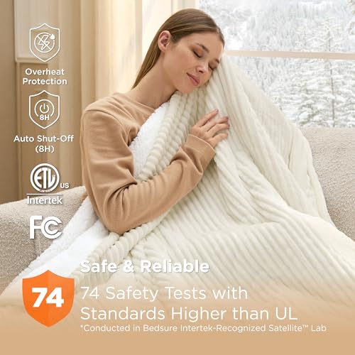 Image of Bedsure GentleSoft Heated Blanket Throw - Soft Ribbed Flannel Electric Blanket, Heating with 6 Time Settings (Up to 10H), 6 Heating Settings, Warm Gifts for Grandma (50x60 inches, Coconut White)