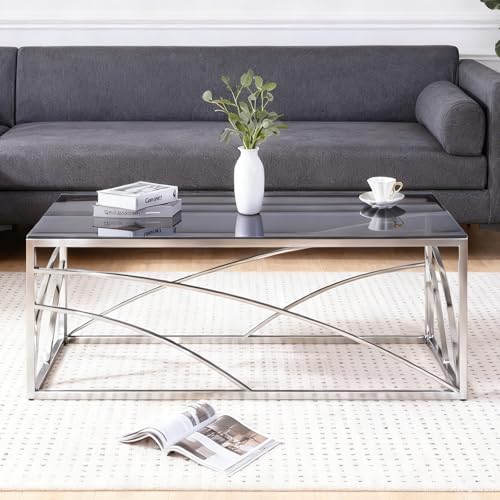 JaHECOME Glass Coffee Table Silver Center Side Table Tempered Glass Top Stainless Steel Frame Modern Rectangular Tea End Table
