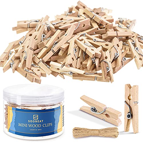 Clothes-Pins-Mini-Clothespins-Wooden-Photo-Clips-1-Inch-150-PCS-Decorative-Small-Tiny-Close-Pins-with-32-FT-Jute-Twine-Hanging-String-for-Crafts-Baby-Shower-Games-Pictures-Wall-Dispaly-Holders