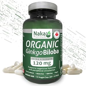 Naka Platinum ORGANIC Ginkgo Biloba Extra Strength, Supports Cognitive Function, 120 mg per capsule, BONUS SIZE 75 Veggie Caps (60+15 Free)