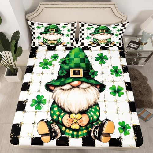 Erosebridal St. Patrick's Day Fitted Sheet Twin Size,Kawaii Spring Gnome Clovers Bedding Set for Child Kids Bedroom Decor,Black and White Buffalo Grid Plaid Sheets,Rustic Farmhouse Sheets
