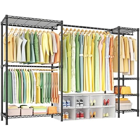 Ulif E10 Clothes Rack（With Stretchable Hanger Rod）Freestanding Clothing Racks for Hanging Clothes，Adjustable Closet Organizer System，Portable Garment Rack 73-97"W x 15" D x 72" H，Max Load 800LBS，Black Cover