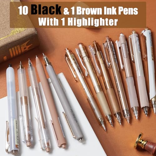 Image of Four Candies Gel Pen Set, Aesthetic Writing Pens with 0.5mm Fine Tip, Black & Brown Ink Pens with Highlighter, Cute Stationery Supplies for School, Office, Pack of 12 - Moor Series