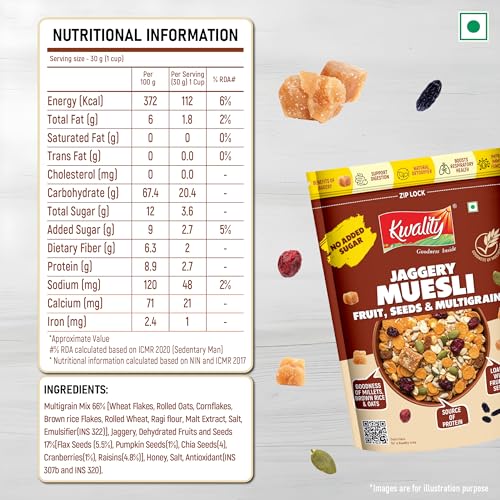 Image of Kwality Muesli Jaggery, Fruits, Seeds & Crunch 400g | Goodness Millets Brown Rice & Oats | 66% Multi Grain Mix Natural Sweetener | High-Fibre, Multigrain Breakfast Cereal with Crunch & Nutrition | Natural sweetner Jaggery