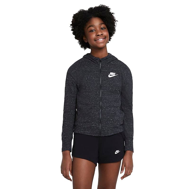 Nike Sportswear Big Kids' (Girls') Full-Zip Jersey Hoodie (Small, Black Heather/Black/White)