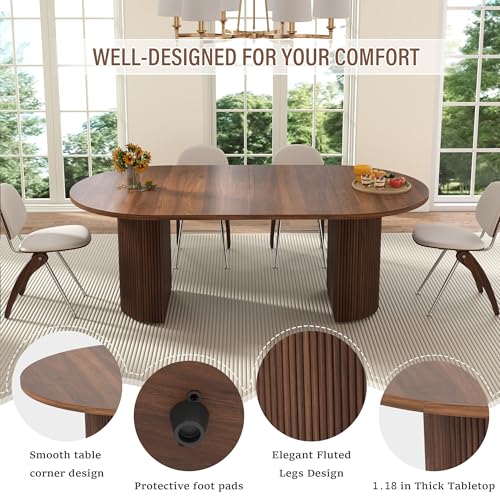 Image of 41 in-78 in Extendable Dining Room Table for 4-8, Round Expandable Kitchen Table with Fluted Base, Modern Farmhouse Oval Dinner Tables for Dining Room Kitchen Living Room (Walnut)