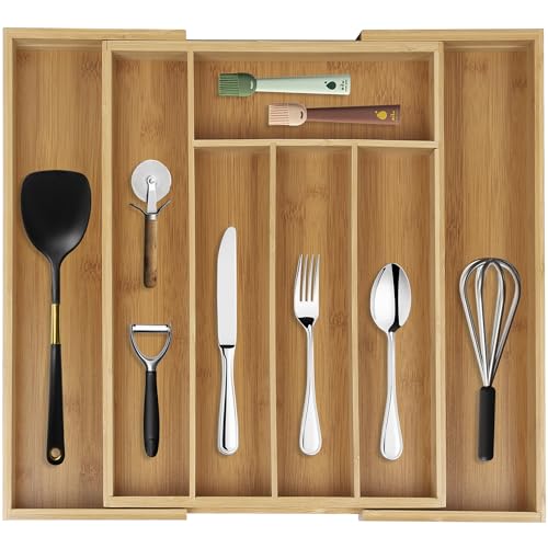 simpdecor Bamboo Drawer Organizer Expandable Cutlery Tray Adjustable Utensils Holder 5-7 Compartments Wood Drawer Dividers Organizer for Storing Silverware, Flatware, Knives