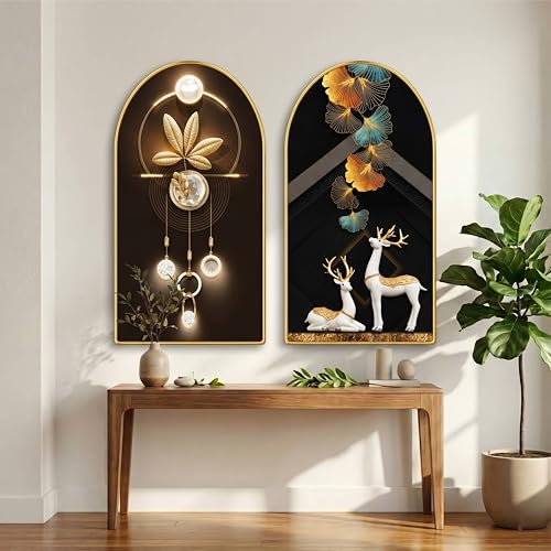 Image of Livin'luxe Set of 2 Abstract Wall Painting for Living Room, Deer & Golden Leaf Modern Artwork, PVC Golden Frame, Arch Shape Wall Decor for Bedroom, Hall, Office & Gift (30 x 32 Inch) RPNL-02-110