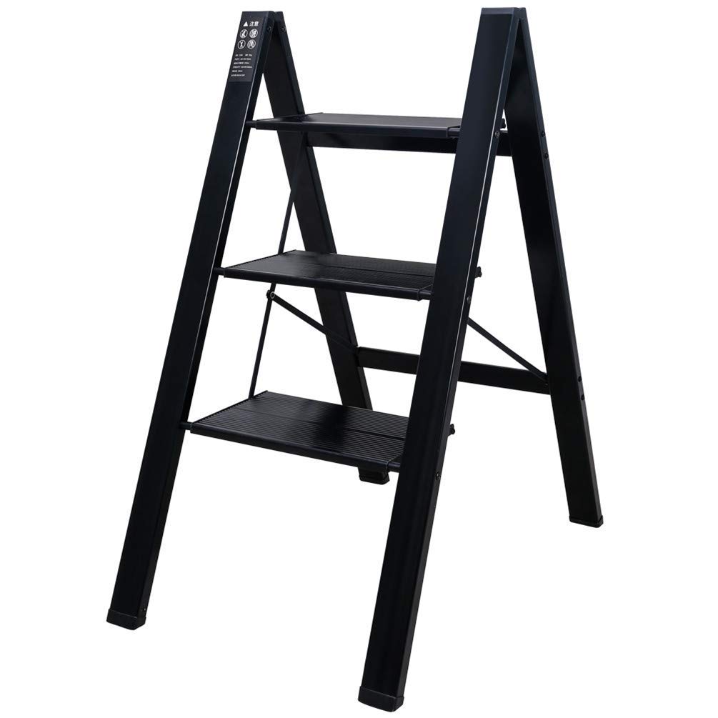 BAOYOUNI 2 Step Ladder Lightweight Folding Aluminum Step Stool Heavy Duty Stepladders Storage Shelf Rack with Anti-Slip Wide Platform for Household, Office, Painting - Black (3 Steps)