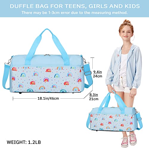 Mygreen Girls Dance Bag Gymnastics Gym Bag Kids Duffle Bag Rainbow Overnight Travel Bag with Shoe Compartments Sports Ballet Bag Teens Weekender Sleepover Carry On Bag Light Blue2
