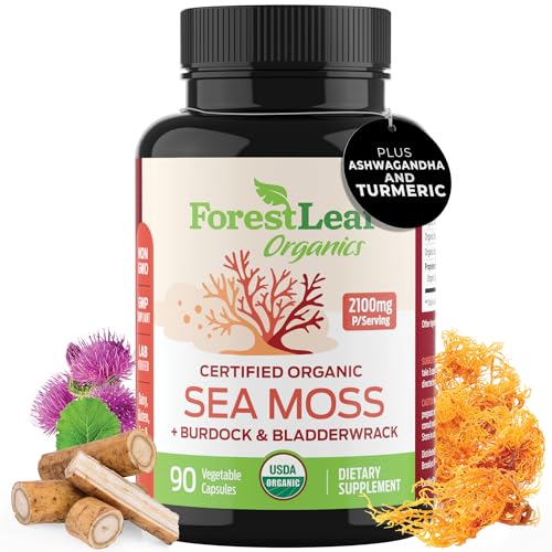 ForestLeaf Organic Irish Sea Moss Capsules | 2100mg Raw Seamoss Pills Advanced Supplement Superfood + Burdock, Bladderwrack for Digestive, Respiratory, Immune Health | 90 Vegan Organic Sea Moss Caps