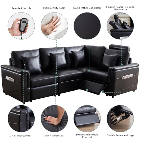 Image of RARZOE Faux Leather Sectional Sofa with Power Recliner, L Shaped PU Leather Reclining Couch with Headrest, 4 Seater Oversized Modular Reclining Couches for Living Room, Black