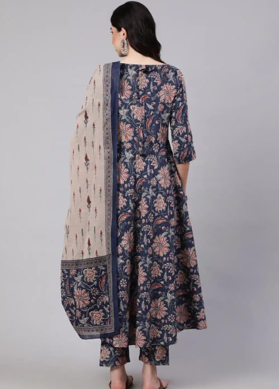 Women Printed Anarkali Kurta Set with Dupatta, Navy Blue and Beige Floral Design (IN, Alpha, L, Regular)