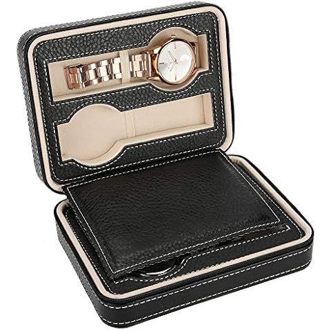 4 Slots Leather Watch Box Organizer Portable Travel Watch Storage Bag with Zipper Small Watch Display Case for Men Women Cover