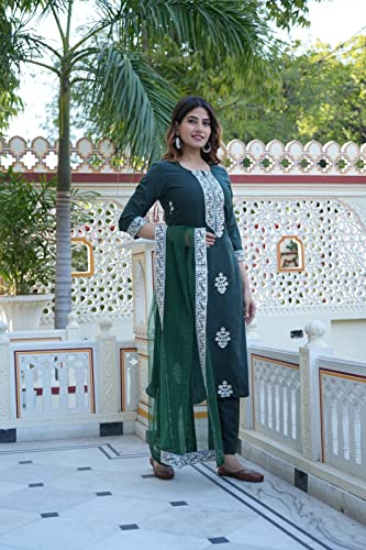 Image of GoSriKi Women's Cotton Blend Straight Embroidered Kurta with Pant & Dupatta (Tistha Green-Jan40-GS)