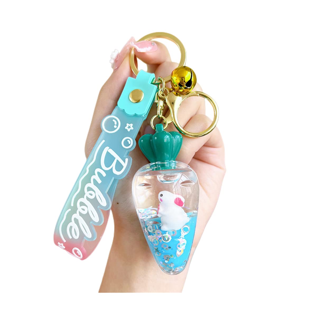 ZDHC Cute Carrot Floating Rabbit Keychain Kawaii Anime Moving Liquid Quicksand Bunny Keyring Car Bag Charm for Women Girls