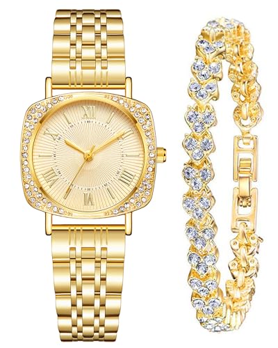 CIVO Montre Bracelet Doré Femme: Acier Inoxydable Etanche - Élégant Carré Design Analogique Montres Ensemble Cadeau