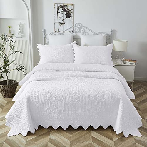 Brandream 20220915QS001 White Quilt Set Queen Size Cotton Vintage Scalloped Farmhouse Comforter Set Matelasse Bedding Bedspreads 3-Piece thumb #5
