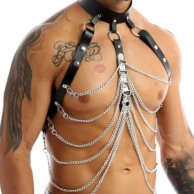 MEGAHERZ Hommes Harnais Réglable PU Cuir Poitrine avec Boucle Métal O-Ring/Chaîne Punk Gothique Corps Harnais Epaule Sexy Clubwear