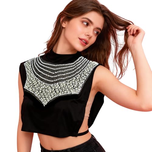 Image of Eyibenlilan Ladies' High Gloss Faux Pearl Elastic Knit Fabric Round Neck Fake Collar One Size Dickey Collar for Women