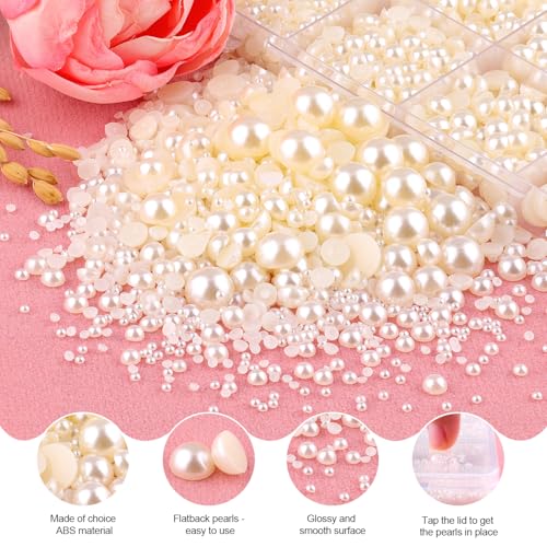 13000Pcs Flatback Pearls for Crafting (Ivory White/Beige), Assorted Size 2/3/4/5/6/8/10mm Half Pearl with 3Pcs 10ml B7000 Jewelry Glue, Bedazzling Bead for DIY Crafts Clothing Tumblers Shoes Nail Art