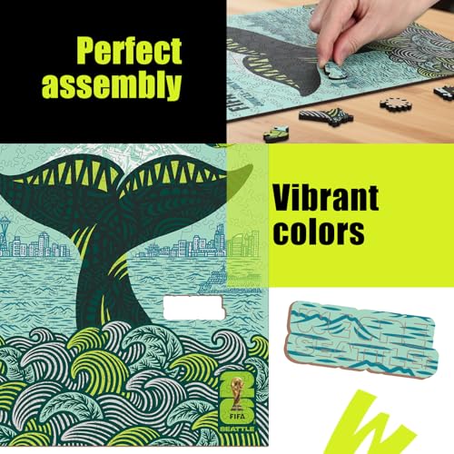 Image of FIFA World Cup 2026 Seattle City Poster Wooden Puzzle for Adults, 200 Piece Unique Shape Jigsaw Puzzle, 5MM Thick, Officially Licensed Soccer Fan Collectible Gift, 9.3x11.8''