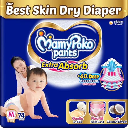 MamyPoko Pants Extra Absorb Baby Diapers, Medium (M size) | 7-12 kg | 74 Count |Deep Sleep Diapers| Soft gentle fit |Deep Absorbent Crisscross | skin friendly with coconut oil |