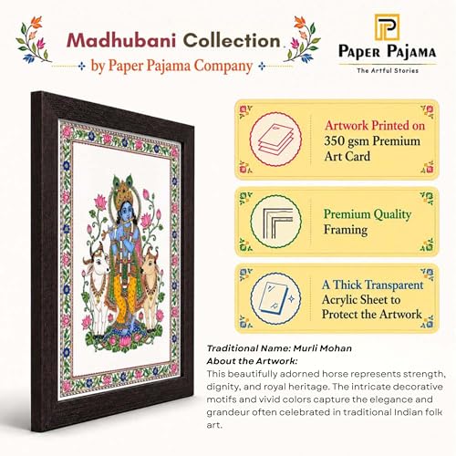 Image of PAPER PAJAMA Lord Krishna with Cow Wall Art for Living Room | Madhubani Krishna Flute Painting | Traditional Mithila Religious Framed Decor for Home, Temple & Office (10x13 Inches)