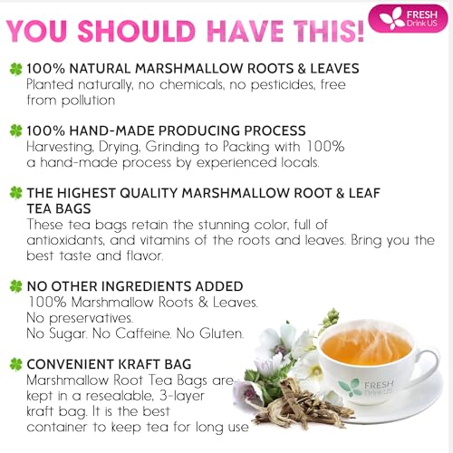 Image of FreshDrinkUS, Premium 55 Marshmallow Root and Leaf Tea Bags, 100% Natural & Pure. Loose Leaf Marshmallow Herbal Tea. Made with Eco-Conscious Tea Bags. No Sugar, No Caffeine, No Gluten, Vegan.
