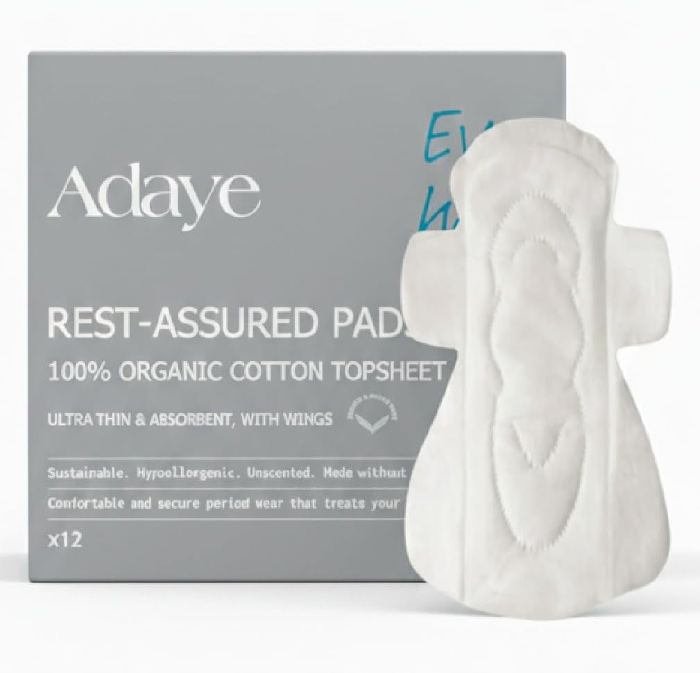 Adaye Organic Pads for Women | 100% Organic Cotton Pads with Wings | Ultra-Thin, Hypoallergenic, Toxin-Free, Unscented Sanitary Pads | Sustainable & Plastic-Free (Pack of 12) – Super