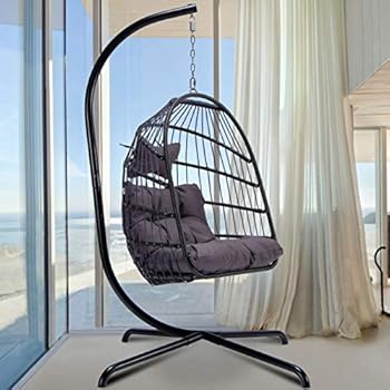 Alternative view of Egg Chair with Stand Indoor Outdoor Patio Wicker Hanging Chair Aluminum Frame Swing Chair Patio Egg Chair with UV Resistant Dark Grey Cushion