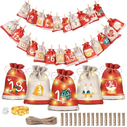 Adventskalender Tüten zum Befüllen Stoff Weihnachtskalender 2025: Bonus LED 24 Säckchen zum Befüllen DIY Adventskalender Selber Basteln Jutesäckchen Stoffsäckchen, Tüten Weihnachten Nikolaus Säckchen
