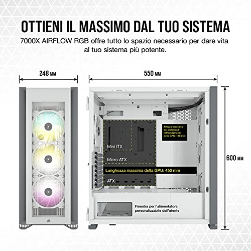 CC-9011227-WW, iCUE 7000X RGB Case per PC Intelligente ATX Full-Tower, Tre Pannelli in Vetro Temperato, Quattro Ventole RGB da 140 mm Incluse, Generoso Spazio Interno, Bianco - Case PC - Immagine 4