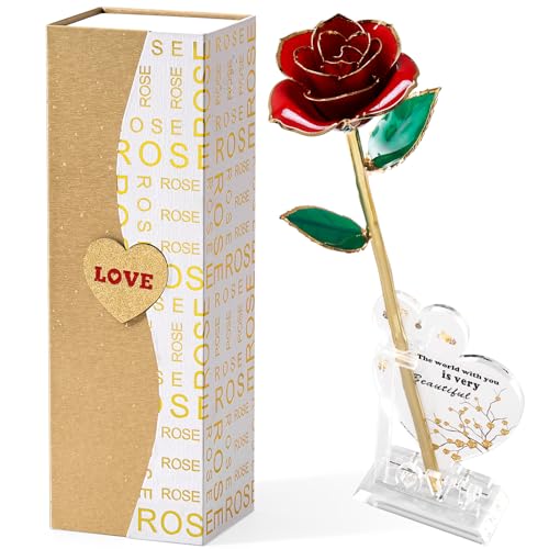 Image of Mikasol Gold Dipped Real 24K Forever Preserved Rose, 1 Pack Infinity Flower Decor Hand Dipped Romantic Gift for Women in Her Wife Girlfriend Birthday Anniversary Valentines Mothers Day Christmas(Red)