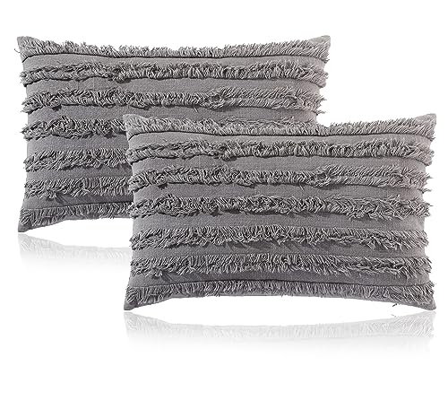 Image of mosey 12x18 Cushion Covers Set of 2 | 100% Cotton Rectangle Cushion Covers for Sofa, Bed | Boho Rectangular Shape Cushion Covers 12 inch x 18 inch Grey