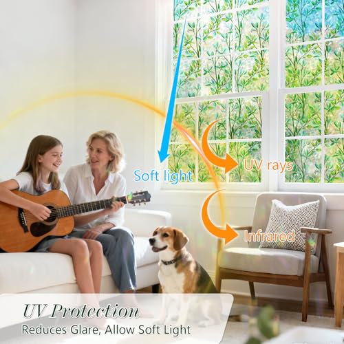 FILMGOO Window Privacy Film Rainbow Green Leaf Window Film 3D Decals Stain Glass Window Stickers Heat Blocking Non-Adhesive Reusable Decorative for Home Door Office(Leaf, 29.5 X 78.7 in)