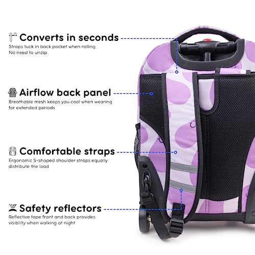 Image of J World Sunrise Kids Rolling Backpack with Wheels for Girls Boys, Roller Bookbag for School, 18 x 13 x 9 Inches, Mr. Eggplant