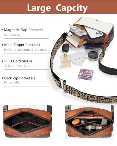 Image of Crossbody Bags for Women,Multi-Pocket Leather Crossbody Purse | RFID Blocking Pockets,Fits iPad,Adjustable Wide Strap,Quilted Exterior,8 Card Slots,Gift Ready