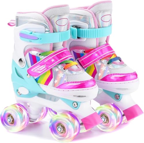 ERNAN Patines 4 Ruedas, 4 tamaños Ajustables con Ruedas Que Brillan en la Oscuridad, Patines de Ruedas para niños,Patines Niña Niño Principiante Regalo (Rainbow A, S)
