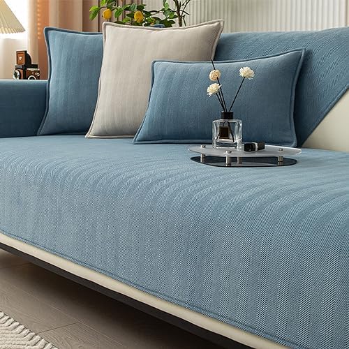 Funny Sofa Cover, Fuzzy Couch Cover, Herringbone Chenille Fabric Furniture Protector Sofa Cover, Cosy Solid Colour Non-Slip Couch Cover (Lake Blue,110 * 110cm)