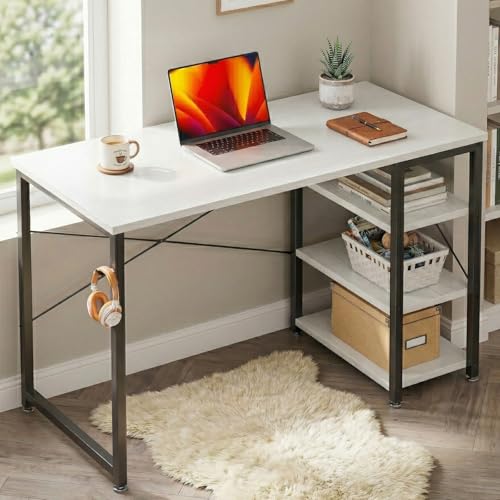 Image of Callas Computer Desk with Side Storage Shelves for Home Office, Study Table for Laptop, Writing & Workstation - Sturdy Metal Frame & Wooden Top (ST-24-White) (White, ST-24)